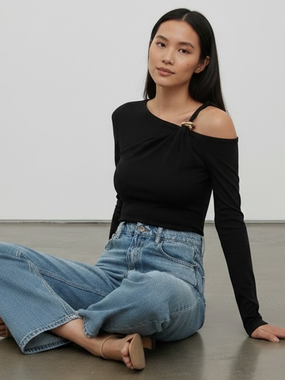 1492 • Black Stretch Cotton Asymmetric Embellished Gold Shoulder Long Sleeve Top